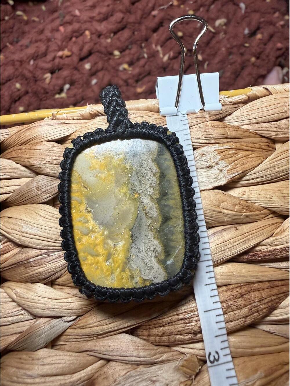 Handcrafted Yellow and Gray Bumblebee Jasper Stone Pendant Black Macrame Border